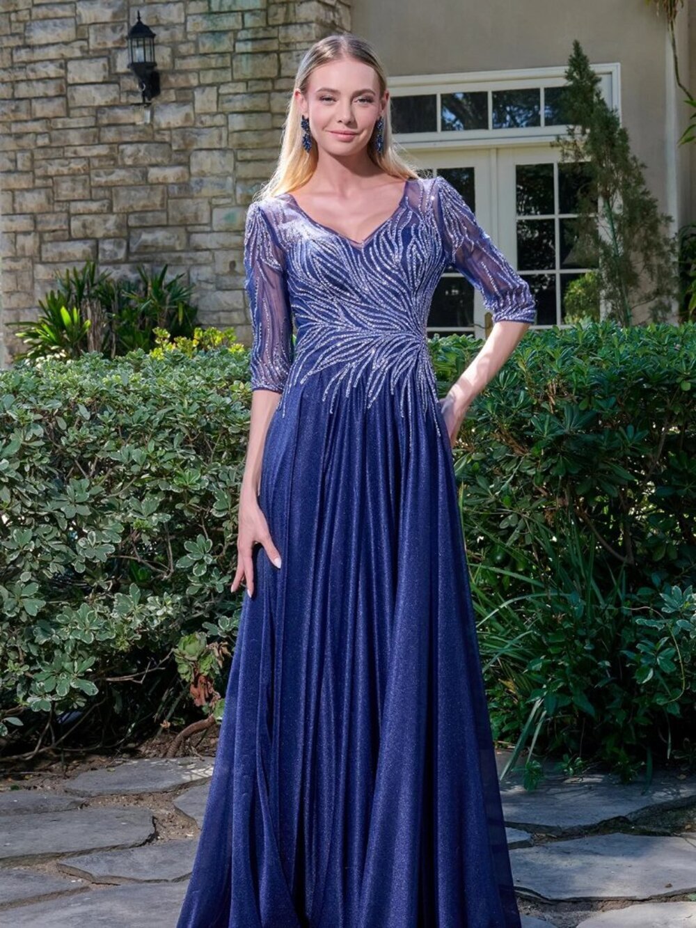 New Navy Festive Mother Of The Bride Beads Embellished Long A-Line Dress GL3739